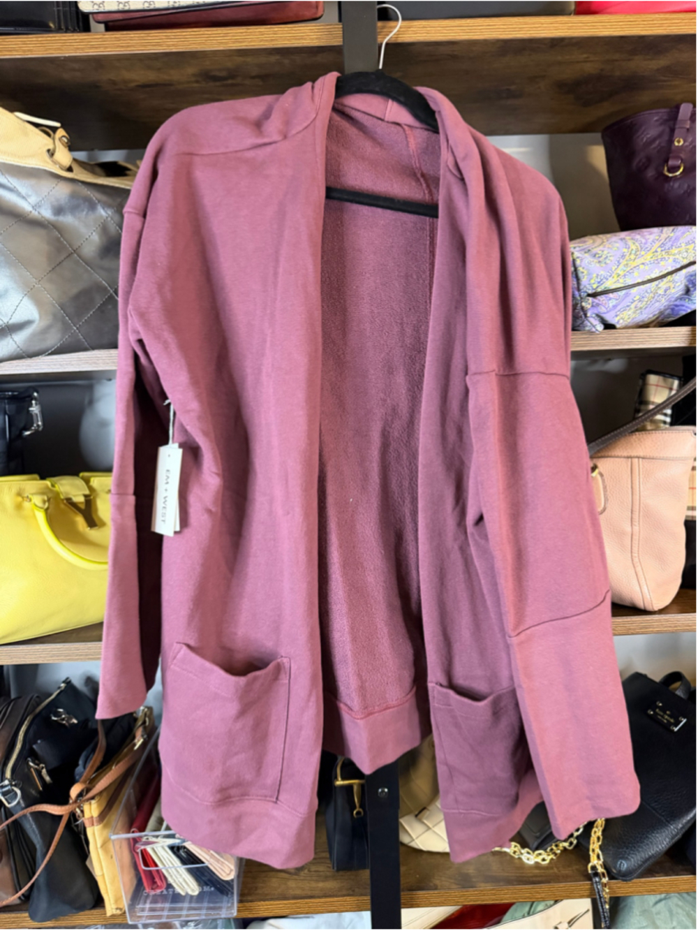 Women's EM + WEST Mauve Open Front Cardigan and pant set
